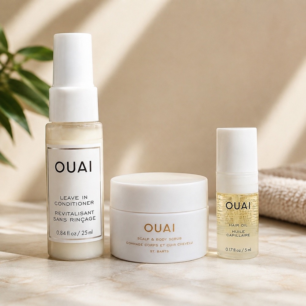 NEW OUAI 3 Piece Hair Body Travel Set Leave In Conditioner Hair Oil Body Scrub